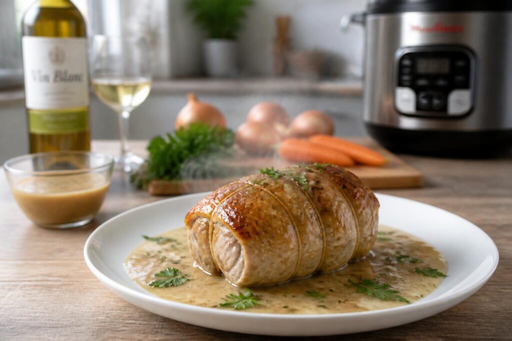 découvrez une recette simple et rapide de paupiette de dinde au cookeo, mijotée avec du vin blanc et un fond de veau, idéale pour vos repas quotidiens savoureux.
